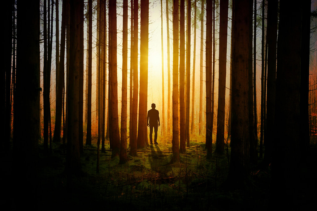 Shadow archetype symbolized by a figure in the space between darkness and light, representing transformation and integration.