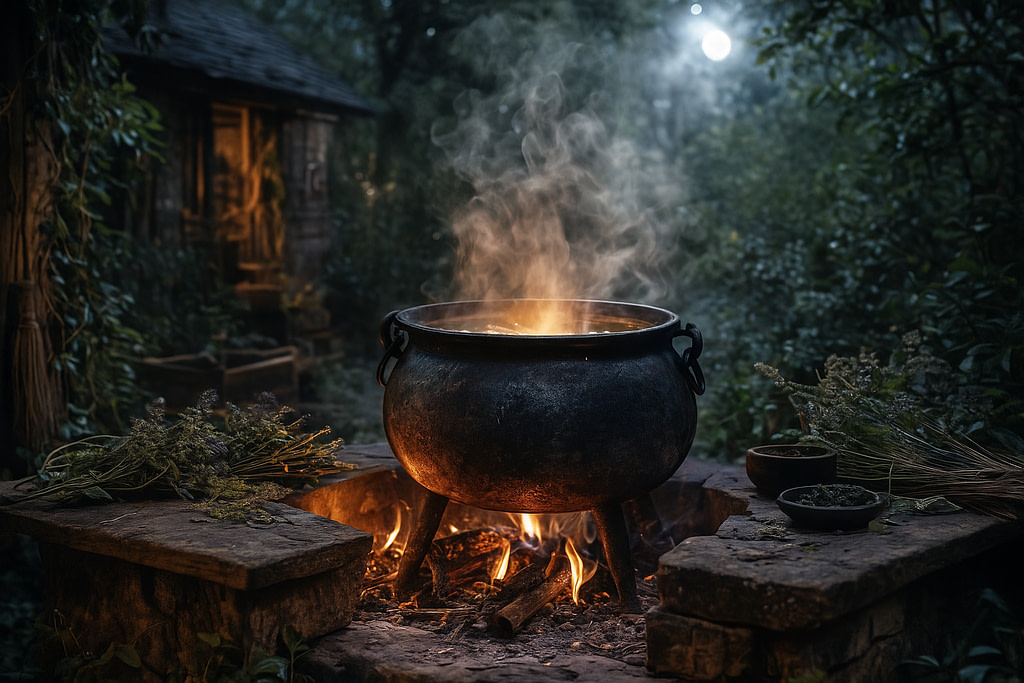 A glowing cauldron steaming in a dark forest, with a small wooden cabin behind it, symbolizing Cerridwen’s transformative magic in the dark season.